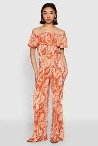 Womens Almost Famous Tropical Print Off the Shoulder Top, Orange,