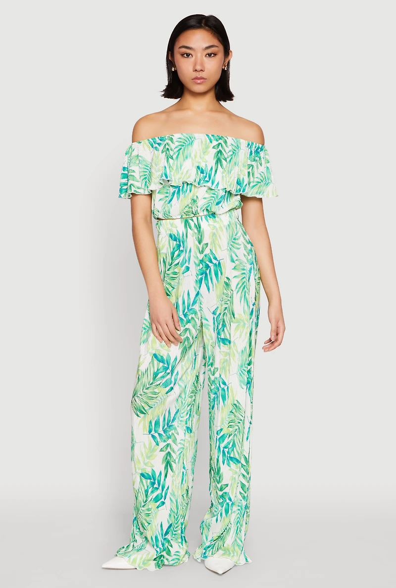 Womens Almost Famous Plisse Leaf Print Pants,