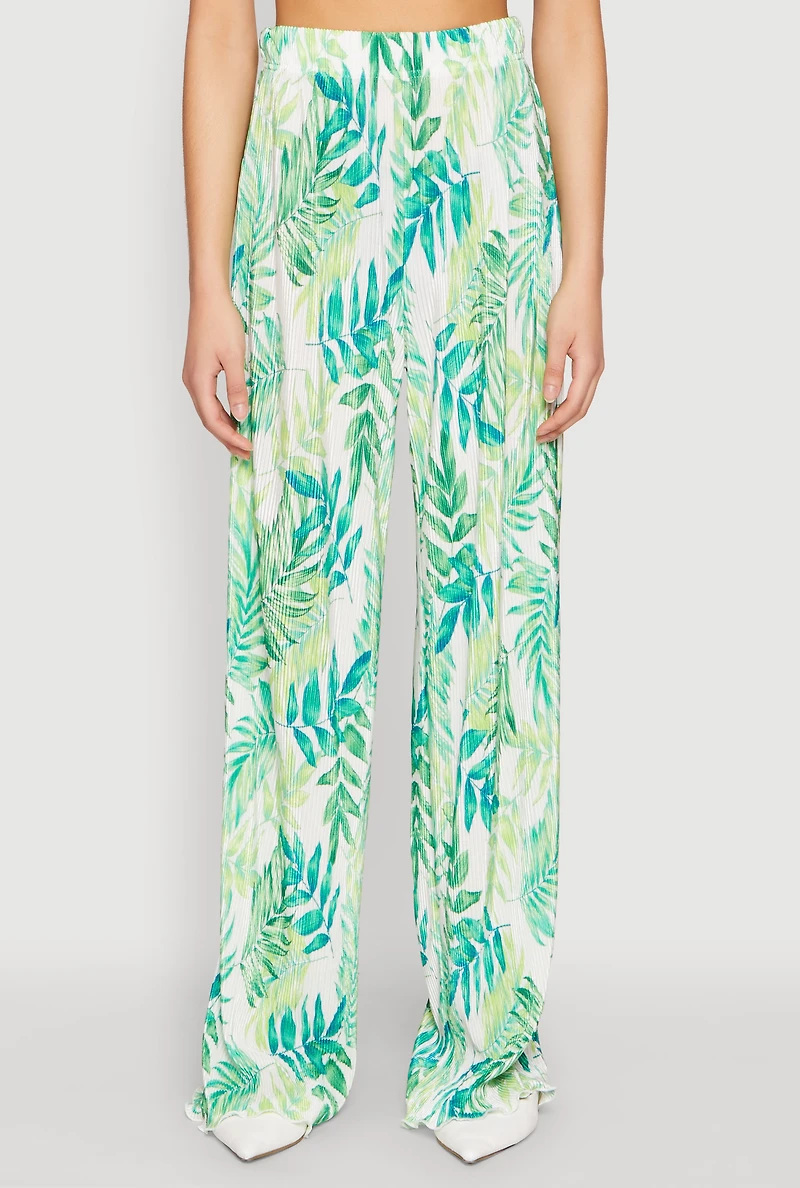 Womens Almost Famous Plisse Leaf Print Pants, Green, Size M