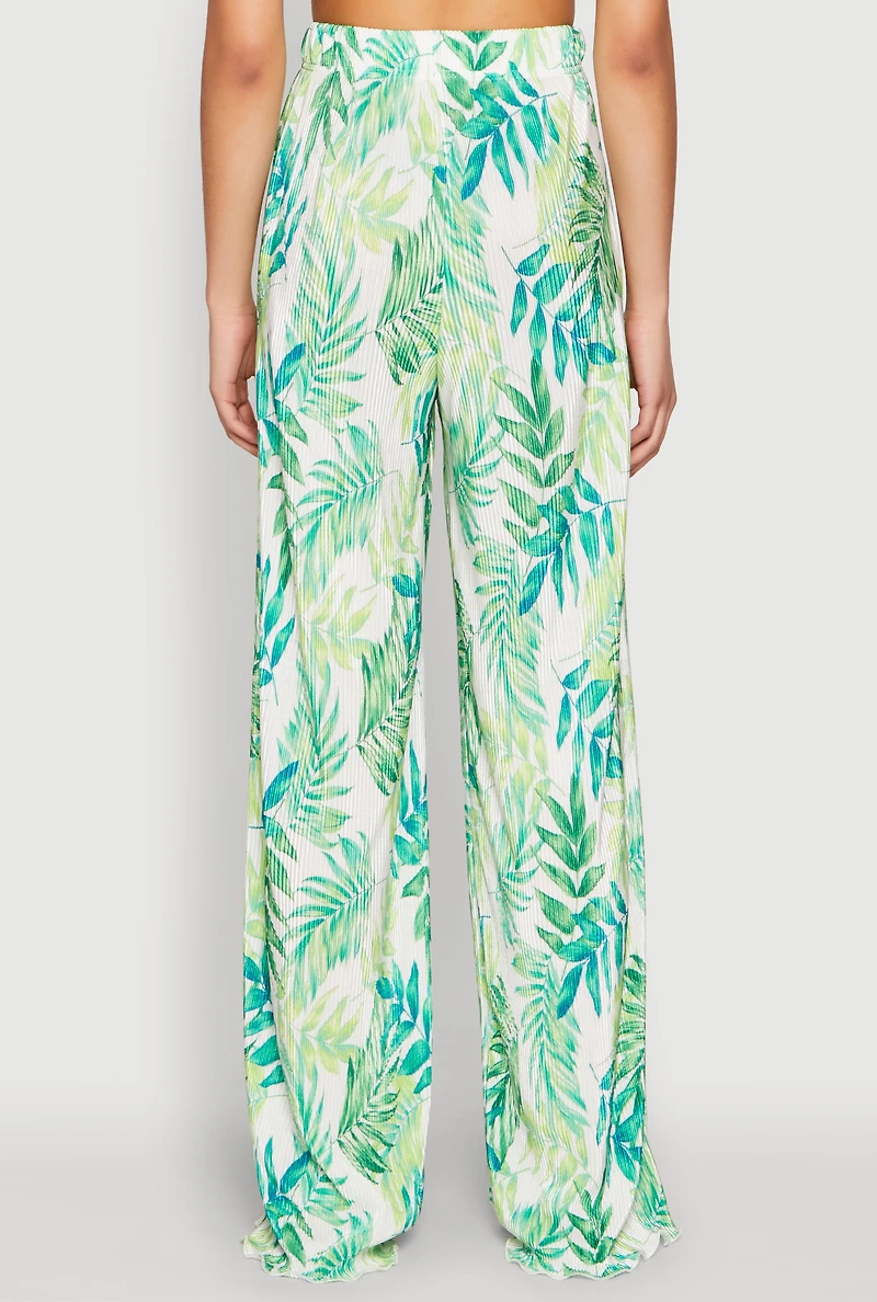 Womens Almost Famous Plisse Leaf Print Pants, Green, Size M