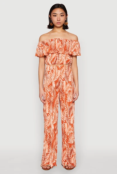 Womens Almost Famous Plisse Leaf Print Pants, Orange, Size M