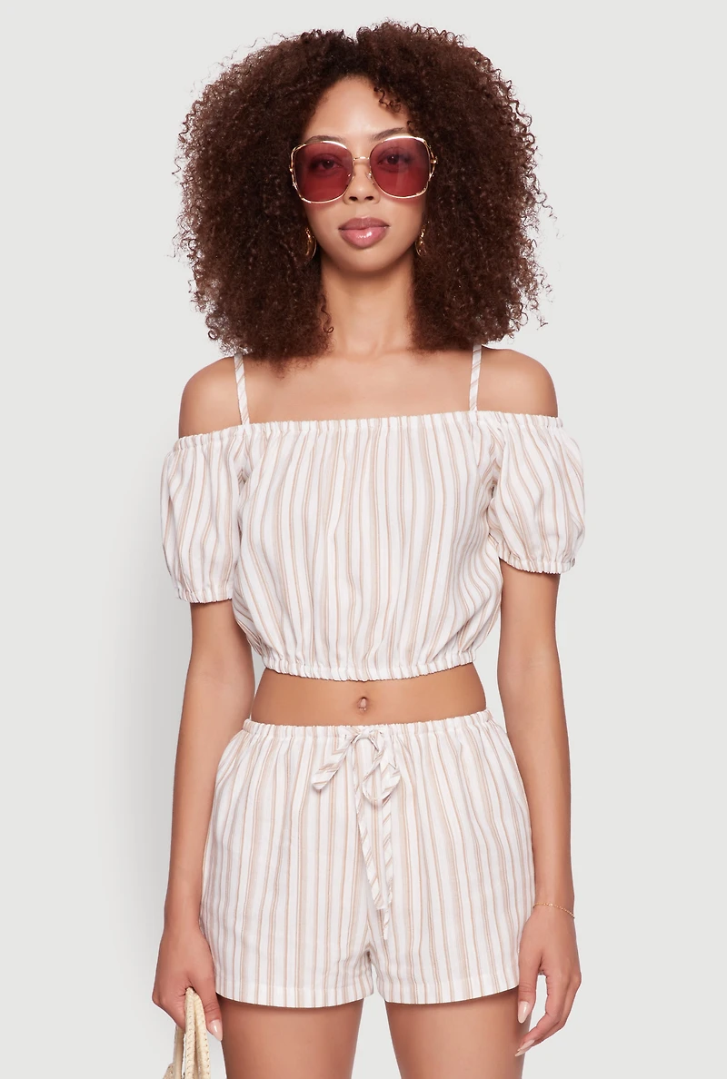 Womens Madden Girl Striped Cold Shoulder Puff Sleeve Top, Beige, Size S