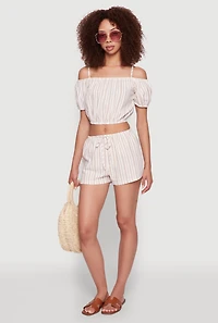 Womens Madden Girl Striped Cold Shoulder Puff Sleeve Top, Beige, Size S
