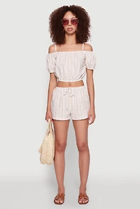 Womens Madden Girl Striped Cold Shoulder Puff Sleeve Top, Beige, Size S
