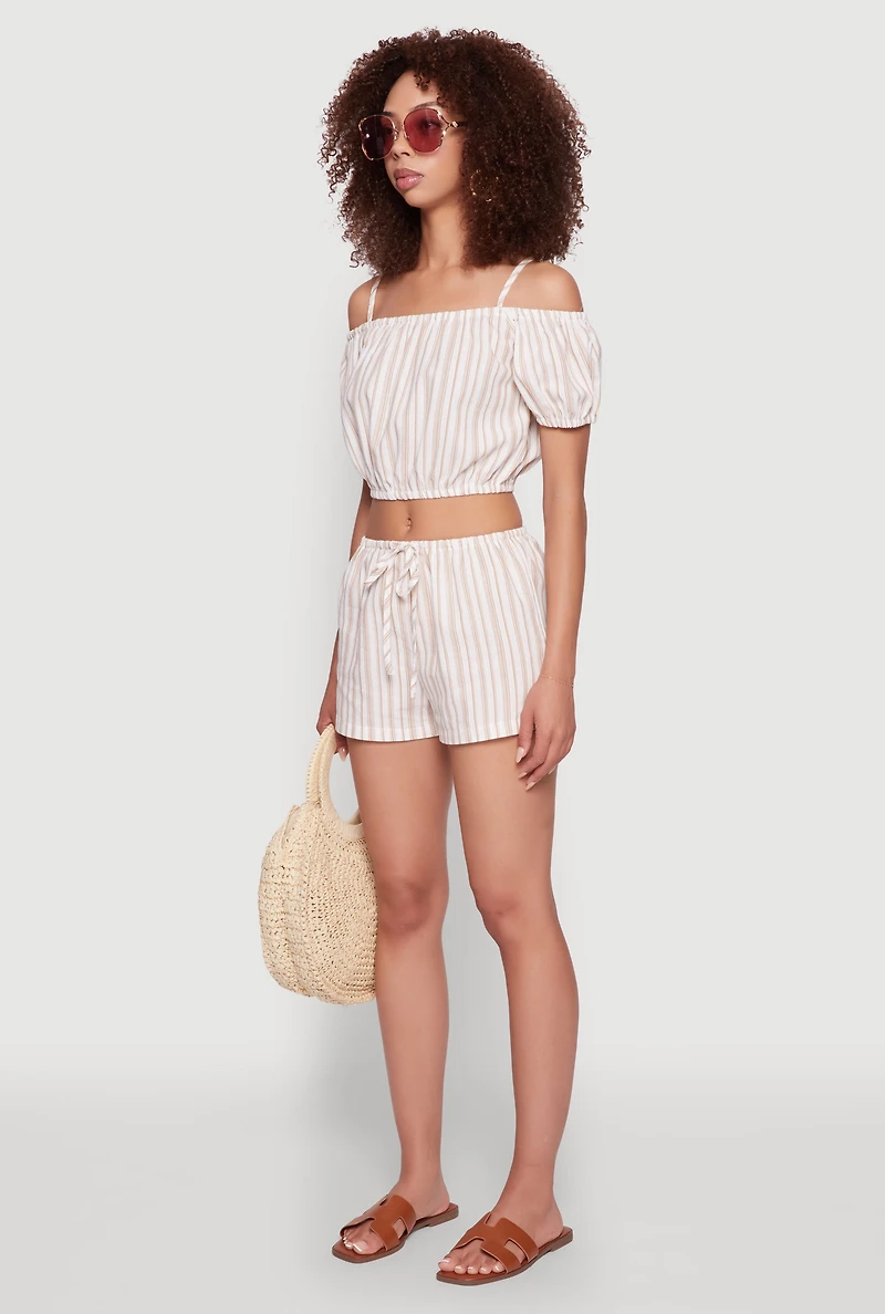 Womens Madden Girl Striped Cold Shoulder Puff Sleeve Top, Beige, Size S