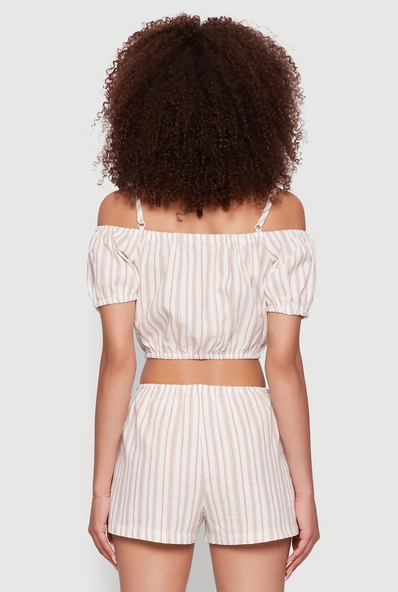 Womens Madden Girl Striped Cold Shoulder Puff Sleeve Top, Beige, Size S