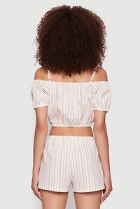 Womens Madden Girl Striped Cold Shoulder Puff Sleeve Top, Beige, Size S