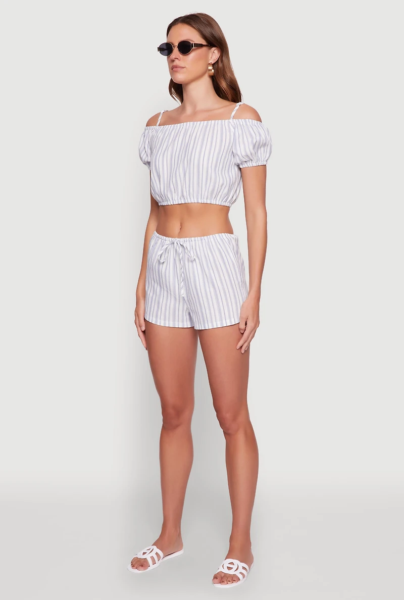 Womens Madden Girl Striped Cold Shoulder Puff Sleeve Top, Blue, Size M
