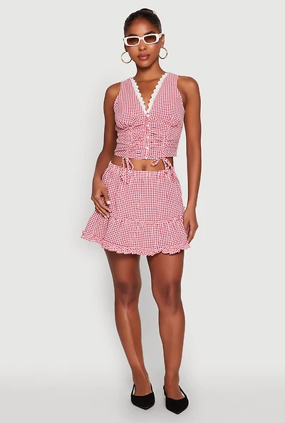 Womens Almost Famous Gingham Ruffled Mini Skirt, Red, Size M