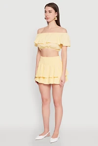 Womens Almost Famous Ruffle Overlay Off the Shoulder Crop Top, Yellow, Size L