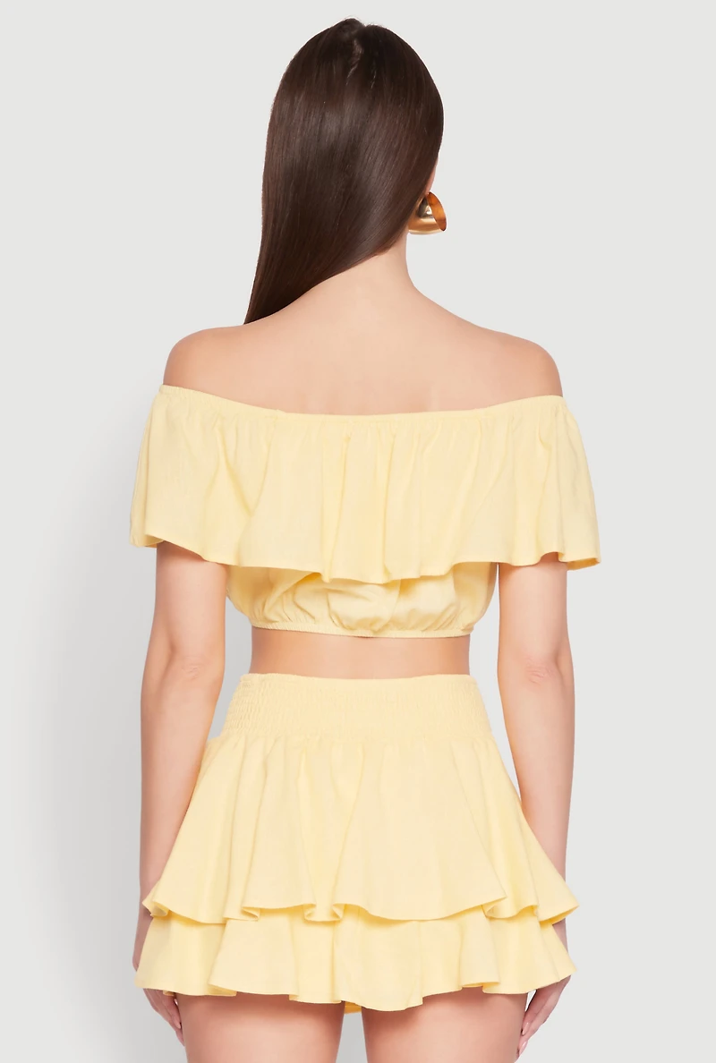 Womens Almost Famous Ruffle Overlay Off the Shoulder Crop Top, Yellow, Size L