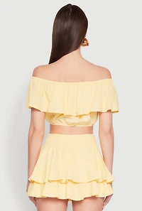 Womens Almost Famous Ruffle Overlay Off the Shoulder Crop Top, Yellow, Size L