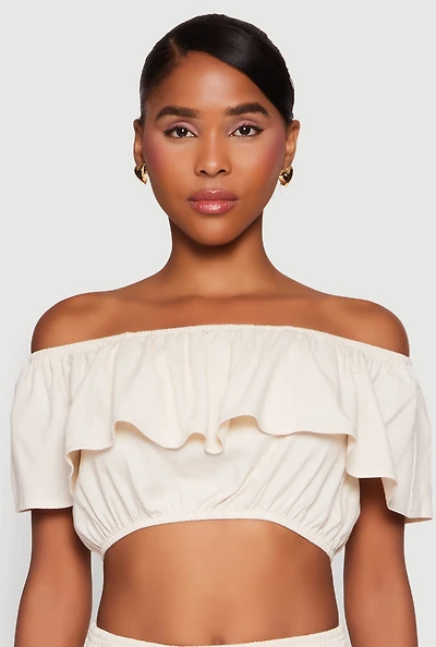 Womens Almost Famous Ruffle Overlay Off the Shoulder Crop Top, Beige, Size L