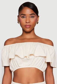Womens Almost Famous Ruffle Overlay Off the Shoulder Crop Top, Beige, Size L