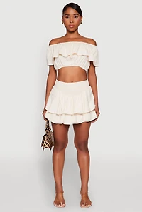 Womens Almost Famous Ruffle Overlay Off the Shoulder Crop Top, Beige, Size L