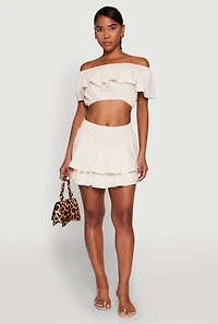 Womens Almost Famous Ruffle Overlay Off the Shoulder Crop Top, Beige, Size L