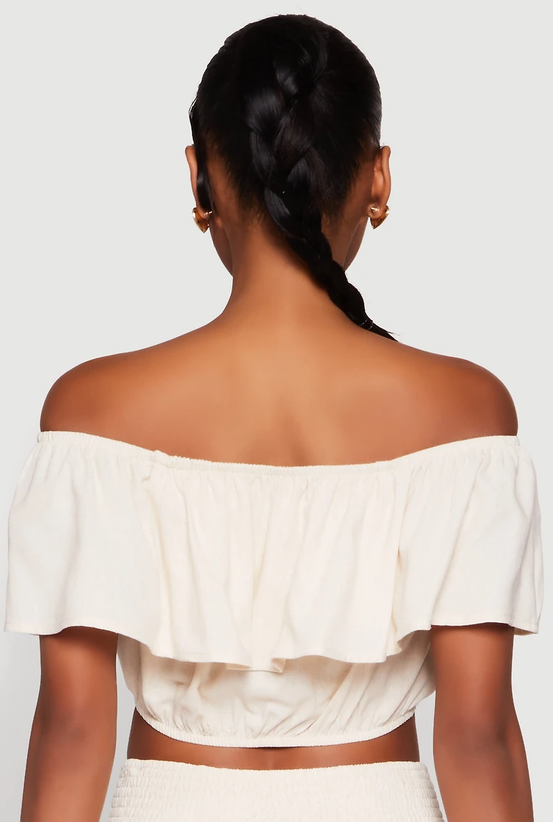 Womens Almost Famous Ruffle Overlay Off the Shoulder Crop Top, Beige, Size L