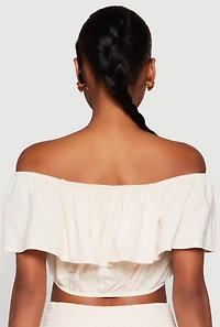 Womens Almost Famous Ruffle Overlay Off the Shoulder Crop Top, Beige, Size L