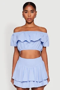 Womens Almost Famous Ruffle Overlay Off the Shoulder Crop Top, L