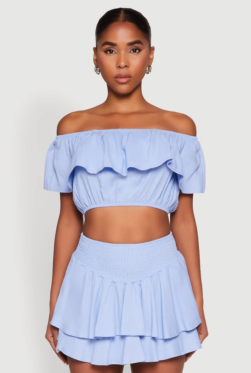 Almost Famous Ruffle Overlay Off the Shoulder Crop Top