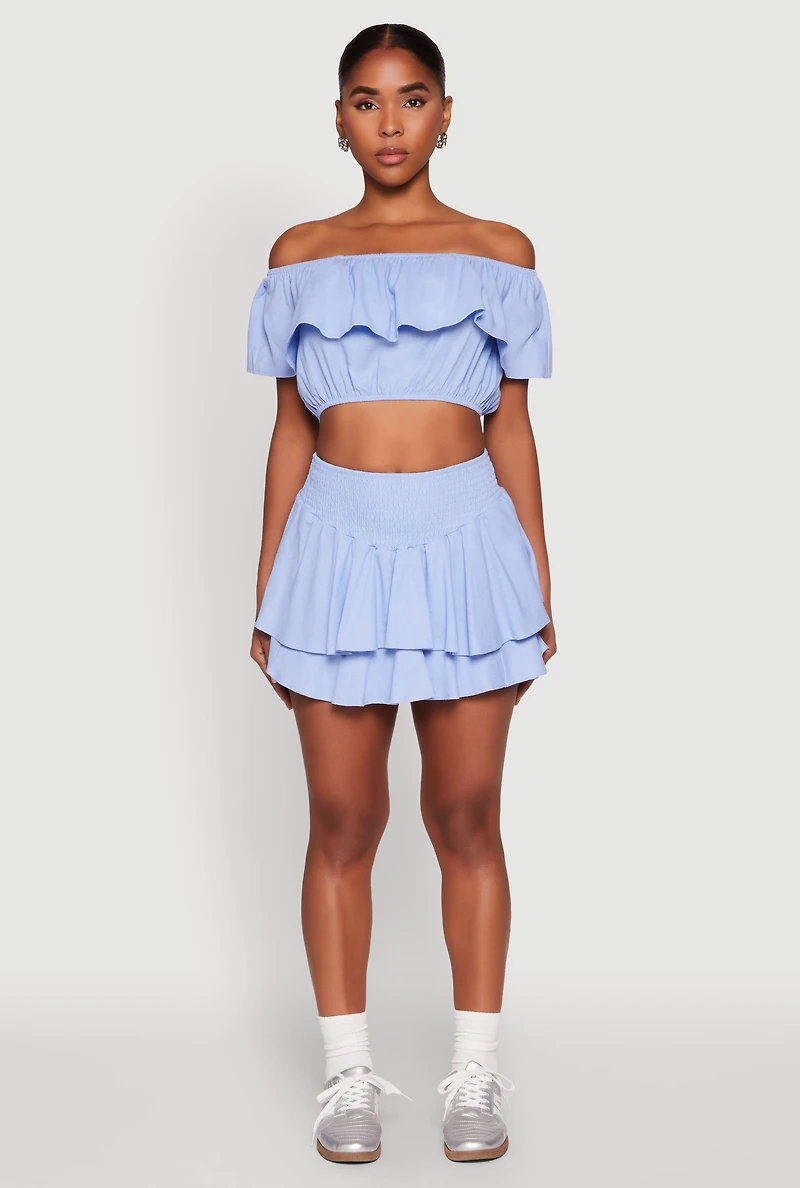 Womens Almost Famous Ruffle Overlay Off the Shoulder Crop Top, L