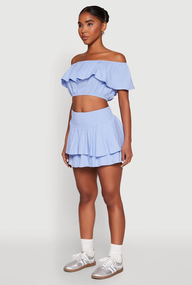 Womens Almost Famous Ruffle Overlay Off the Shoulder Crop Top, L