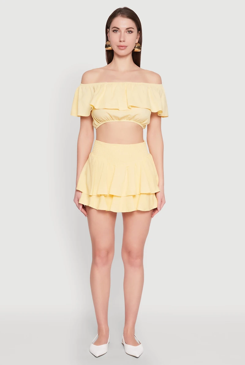Womens Almost Famous Smocked Waist Tiered Mini Skirt, Yellow, Size S