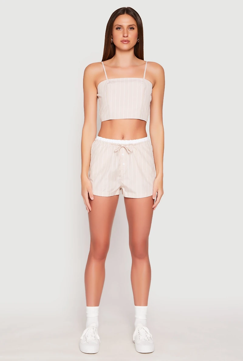 Womens Almost Famous Pinstripe Poplin Smocked Back Cami, Beige, Size S