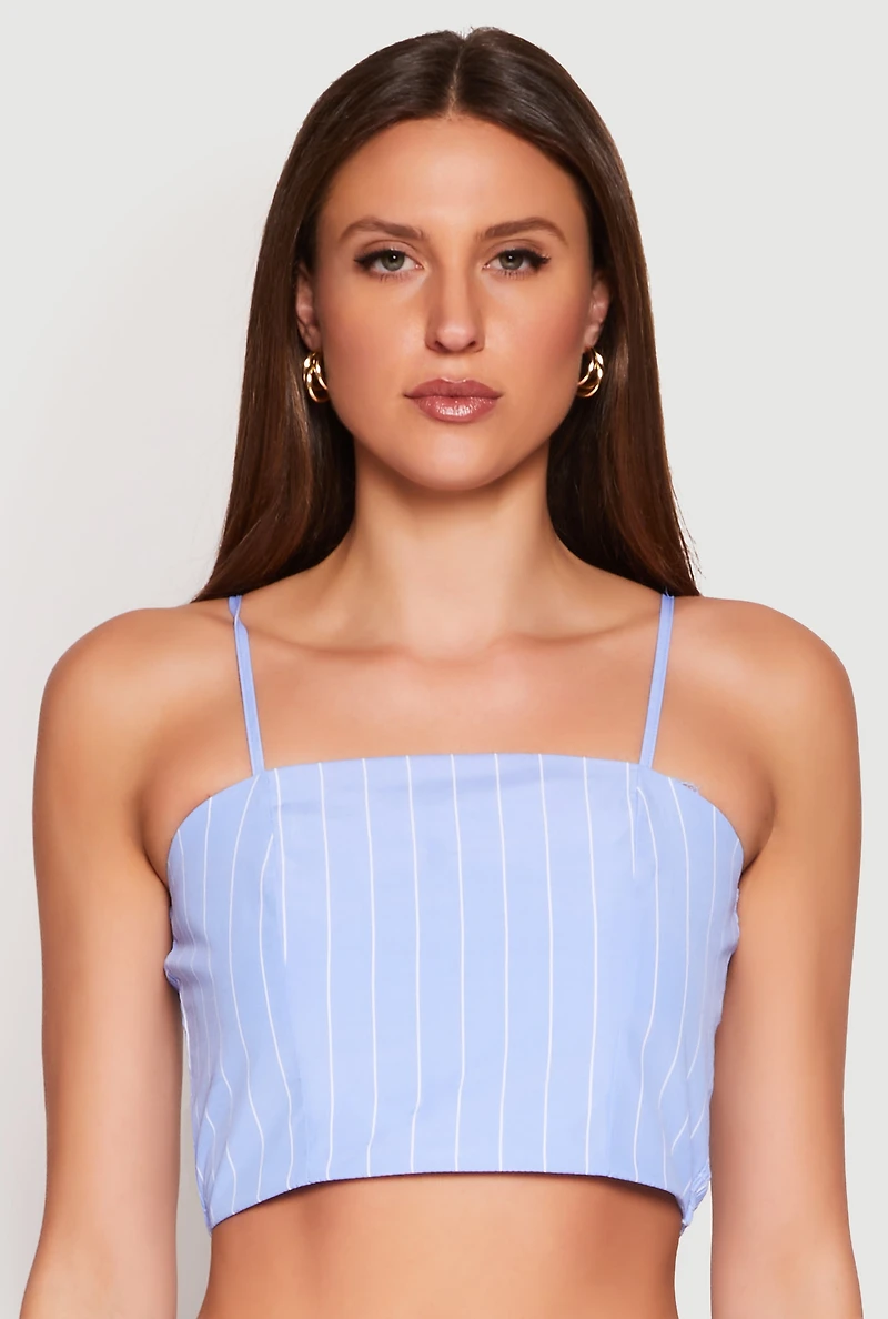 Womens Almost Famous Pinstripe Poplin Smocked Back Cami, Blue, Size S