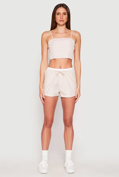 Womens Almost Famous Pinstripe Contrast Waistband Shorts, Khaki, Size L