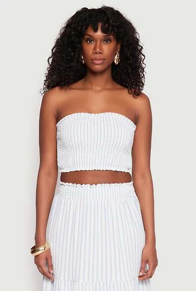 Womens Almost Famous Striped Smocked Tube Top, White, Size L