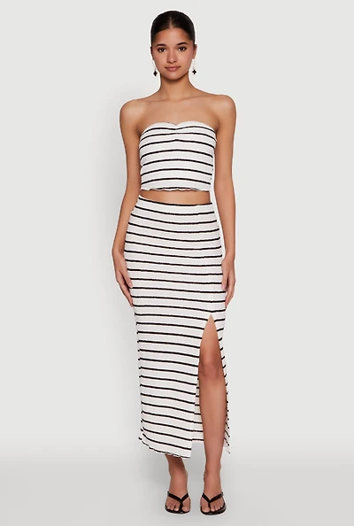 Womens Almost Famous Striped Side Slit Maxi Skirt, White, Size L