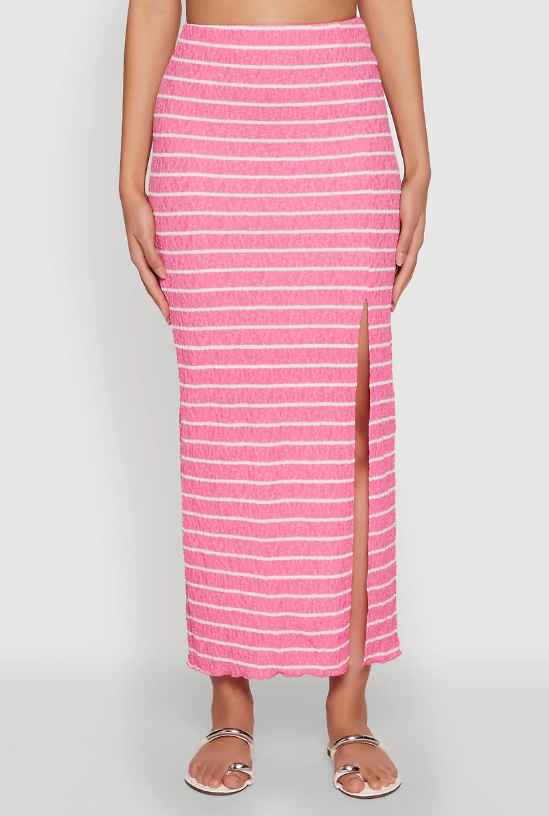 Womens Almost Famous Striped Side Slit Maxi Skirt, Pink, Size M