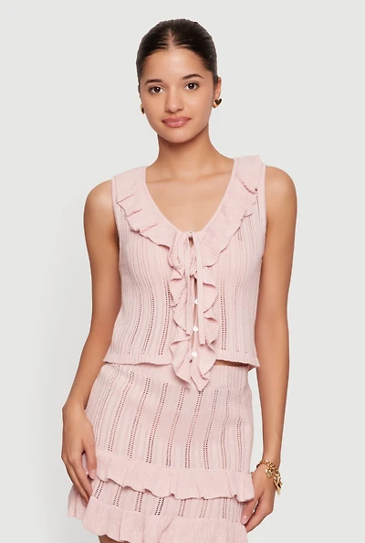 Ruffle Trim Button Front Tie Detail Crochet Vest