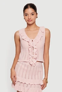 Ruffle Trim Button Front Tie Detail Crochet Vest