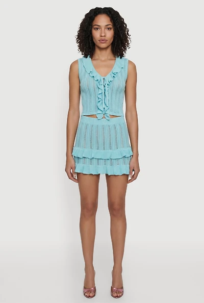 Ruffle Trim Button Front Tie Detail Crochet Vest