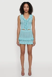 Ruffle Trim Button Front Tie Detail Crochet Vest