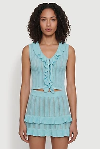 Ruffle Trim Button Front Tie Detail Crochet Vest