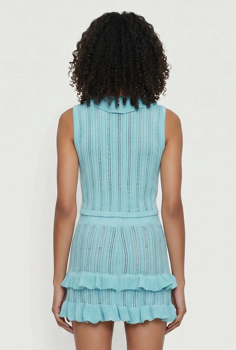 Ruffle Trim Button Front Tie Detail Crochet Vest