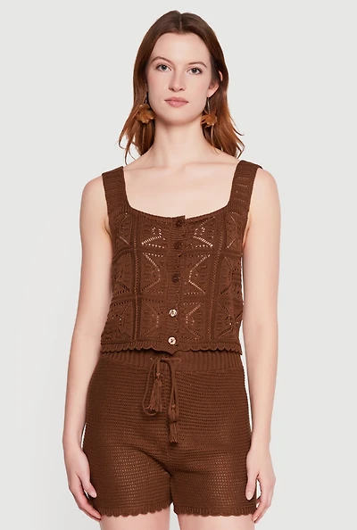 Crochet Scalloped Hem Square Neck Button Front Vest