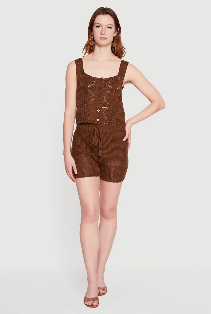 Crochet Scalloped Hem Square Neck Button Front Vest