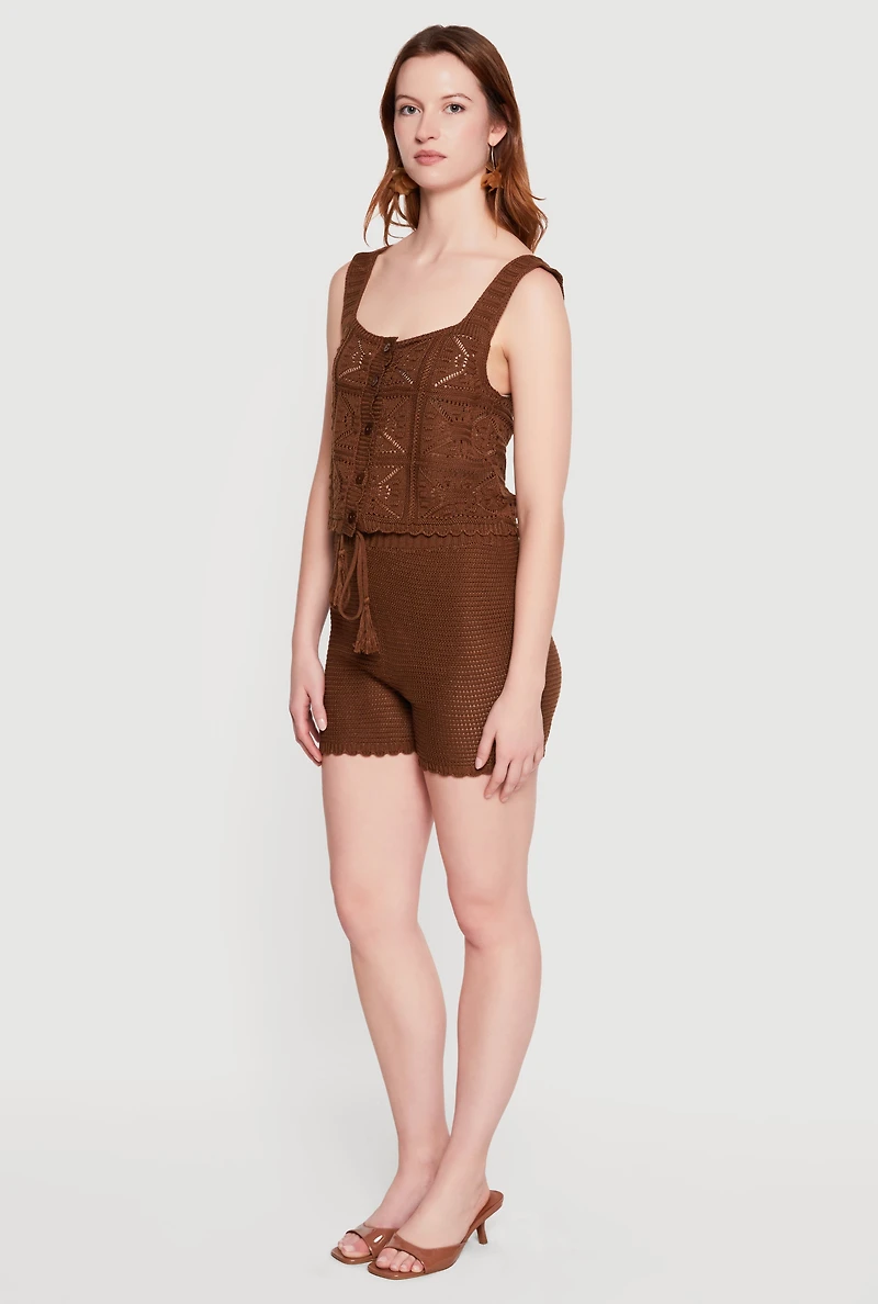 Crochet Scalloped Hem Square Neck Button Front Vest