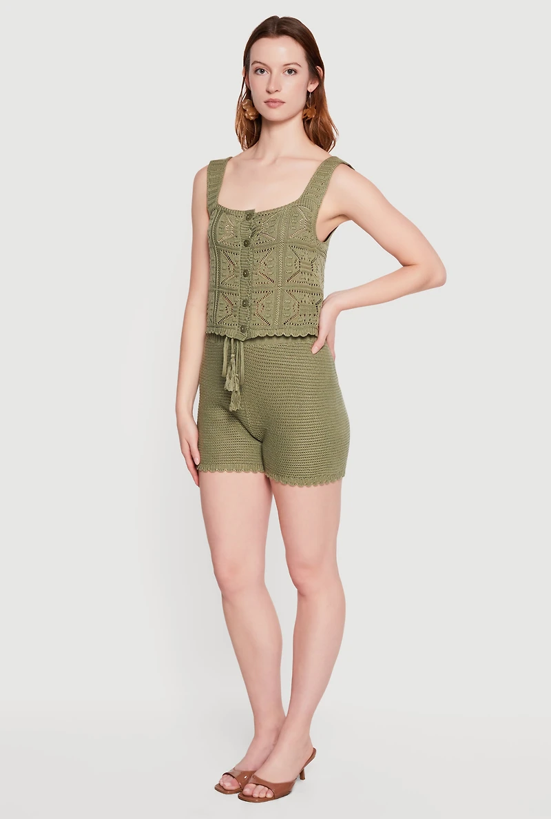 Crochet Scalloped Hem Square Neck Button Front Vest