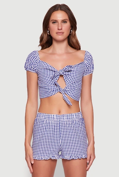 Womens Madden Girl Gingham Peasant Top with Tie Front and Puff Sleeves, Blue, Size L