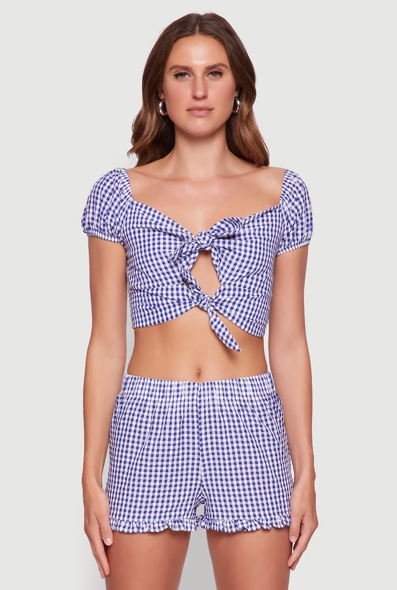 Womens Madden Girl Gingham Peasant Top with Tie Front and Puff Sleeves, Blue,