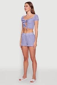 Womens Madden Girl Gingham Peasant Top with Tie Front and Puff Sleeves, Blue,