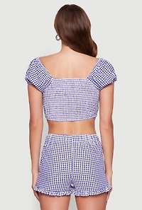 Womens Madden Girl Gingham Peasant Top with Tie Front and Puff Sleeves, Blue,
