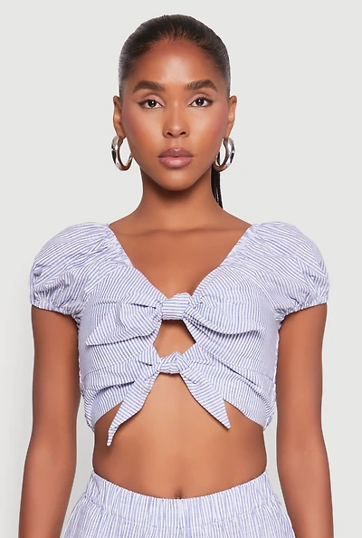 Womens Pinstripe Double Tie Front Crop Top, Blue, Size L