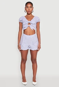 Womens Pinstripe Double Tie Front Crop Top, Blue, Size L