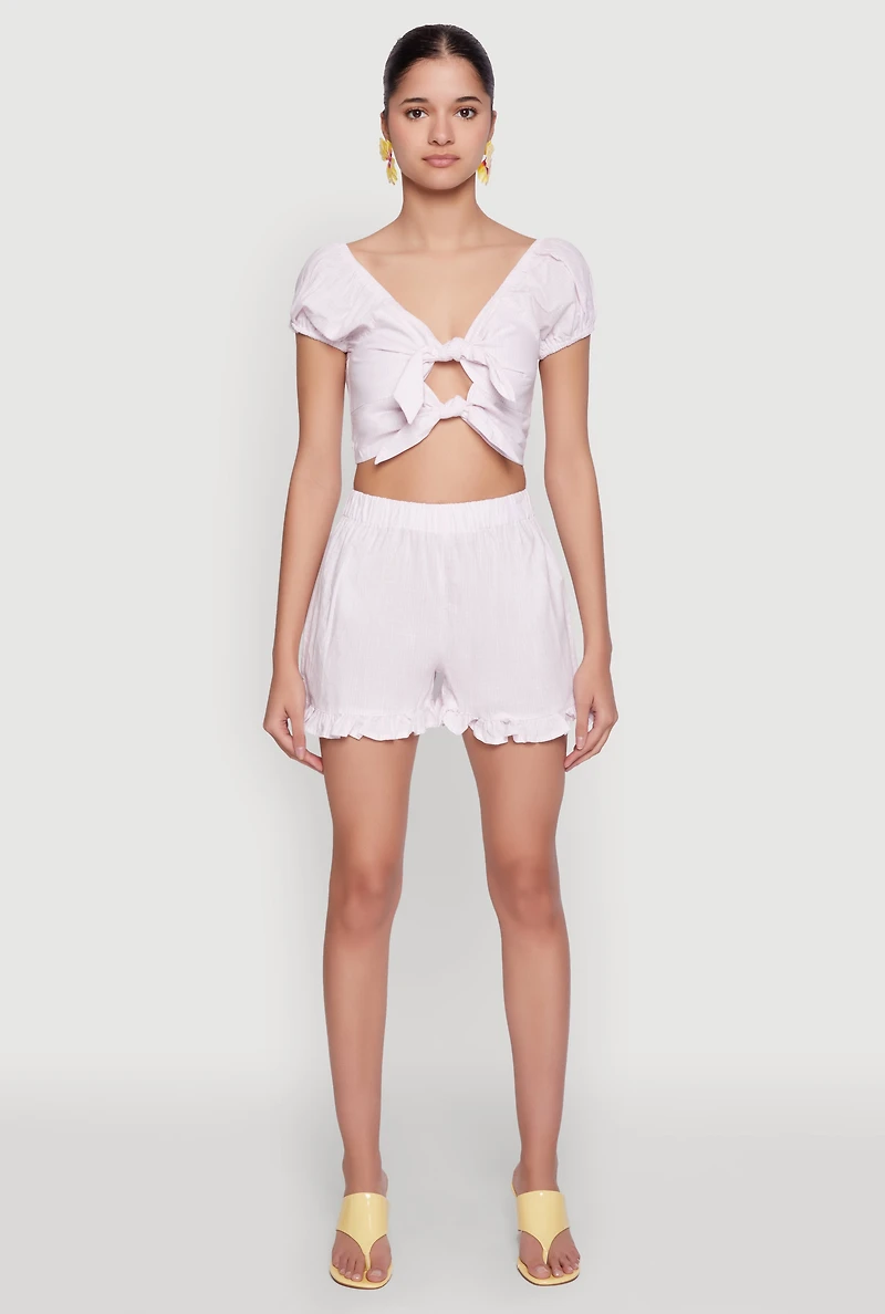 Womens Pinstripe Double Tie Front Crop Top, Pink, Size L